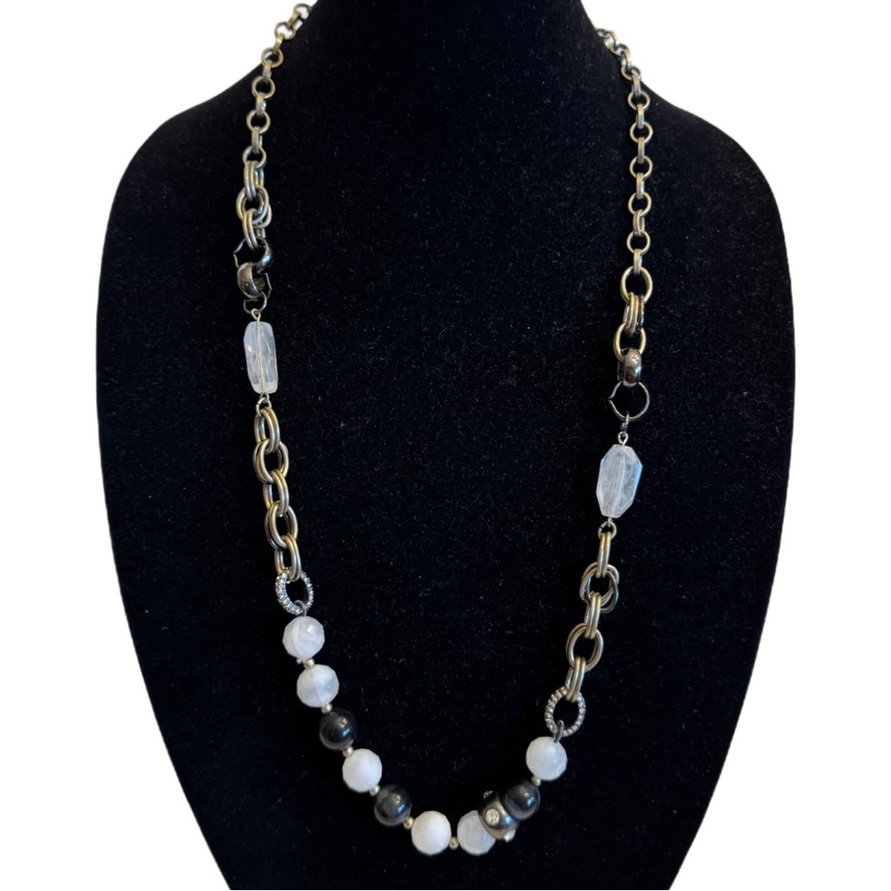 LOFT Ann Taylor Silver Tone Metal Chain Necklace w/ White Black Rhinestone Beads